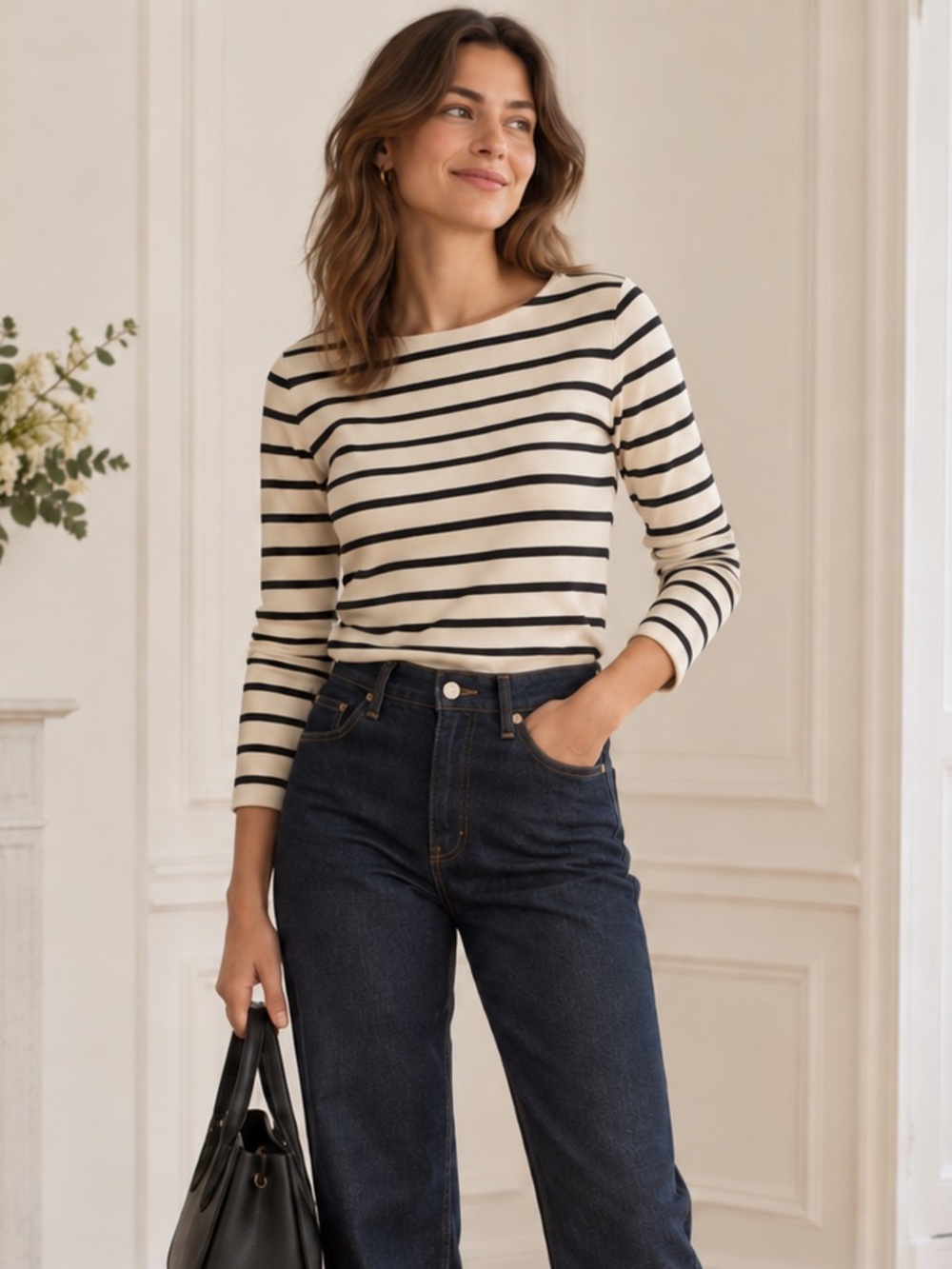 Sezane Cream and Black Striped Long-Sleeve Top